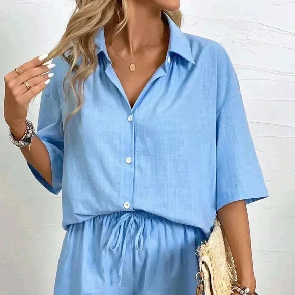 Blue Casual Women's Vacation Solid Color Drop-Shoulder Shirt And Shorts Set - Picture 3 of 7